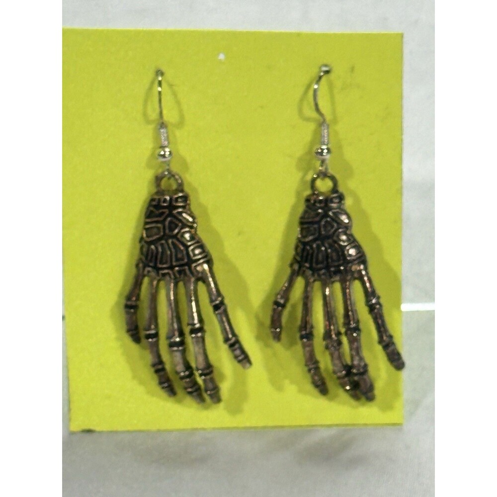 Halloween Skeleton Hand Dangle Earrings, Brass Tone Black Gothic Jewelry
